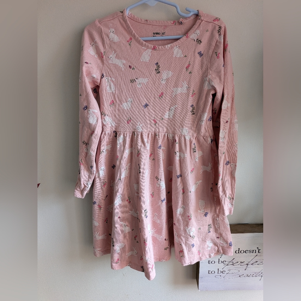 Girls' 100% Cotton Pink Bunny Print Long Sleeve Dress For Easter